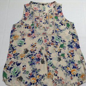 Daniel Rainn Floral Sleeveless Blouse Cream Blue Pink Pleated Front Lace Trim M